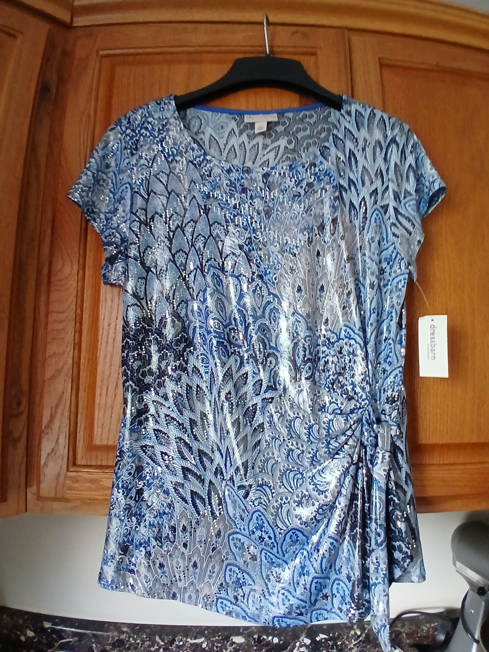 dressbarn Blue Multi-Pattern Short Sleeve Side-Knot Top